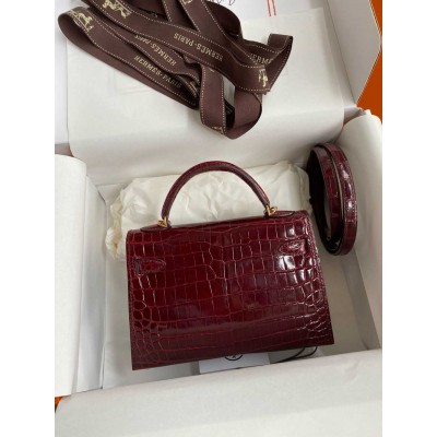 Hermes Kelly Mini II Sellier Handmade Bag in Bordeaux Shiny Alligator Leather