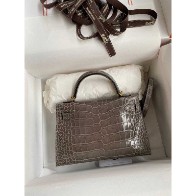 Hermes Kelly Mini II Sellier Handmade Bag in Gris Tourterelle Shiny Alligator Leather