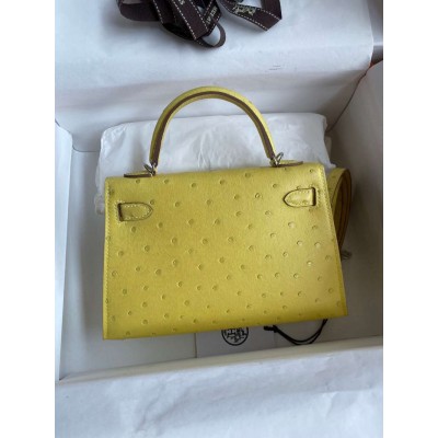 Hermes Kelly Mini II Sellier Handmade Bag In Lime Ostrich Leather