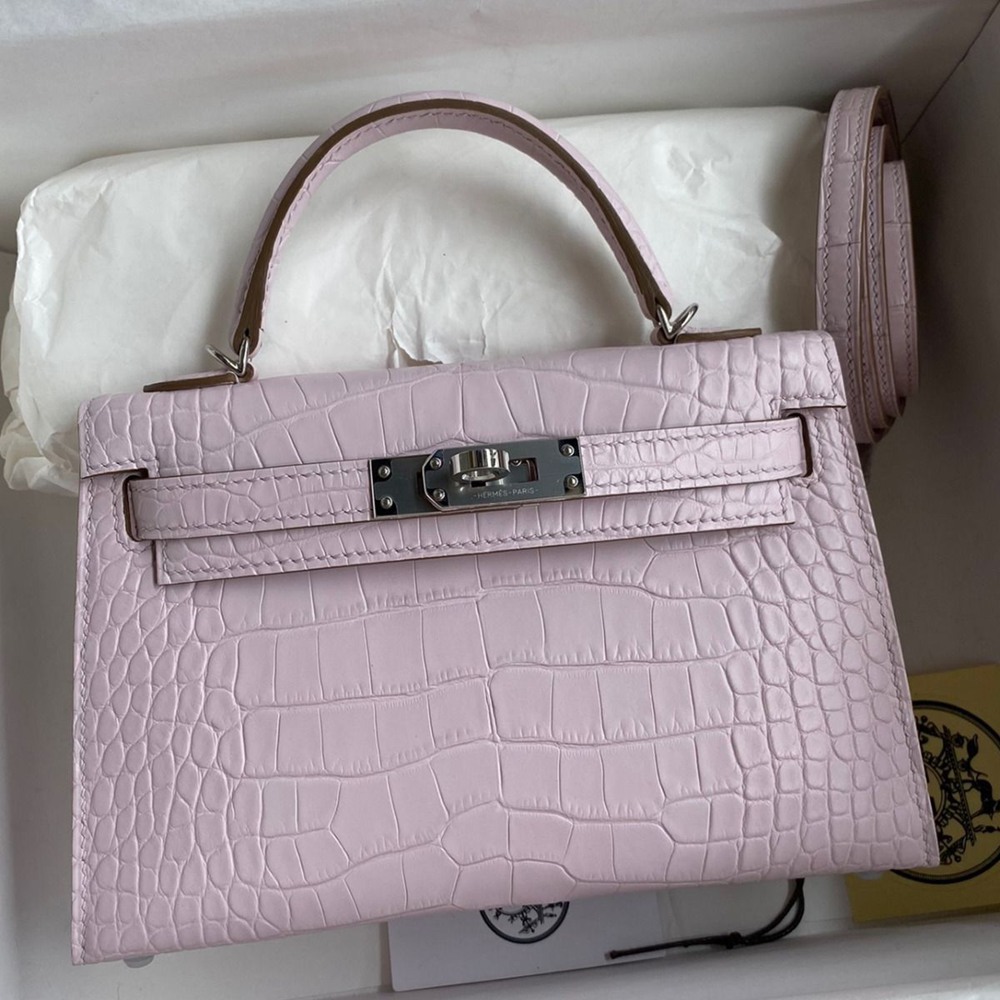 Hermes Kelly Mini II Sellier Handmade Bag In Mauve Pale Matte Alligator Leathe