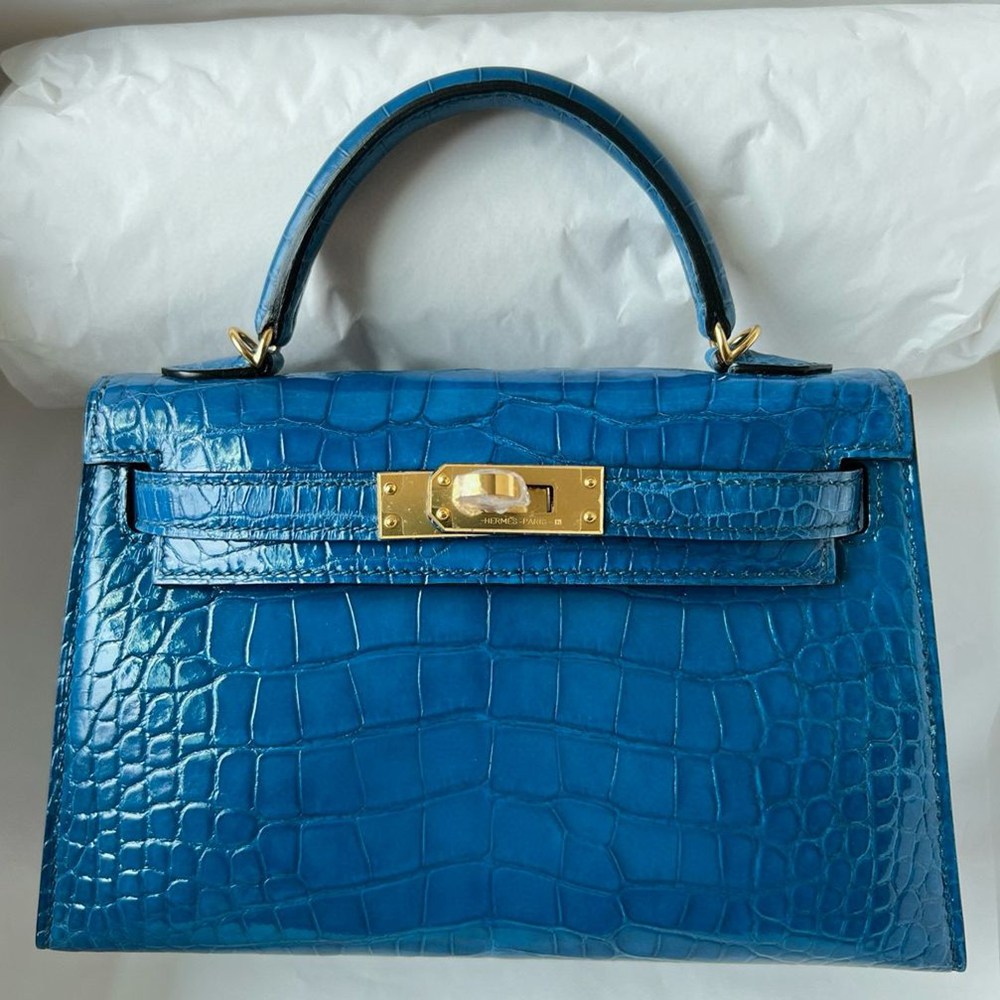 Hermes Kelly Mini II Sellier Handmade Bag in Mykonos Shiny Alligator Leather