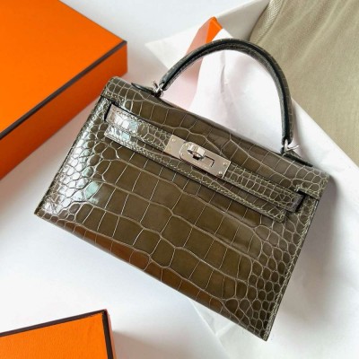 Hermes Kelly Mini II Sellier Handmade Bag in Olive Green Shiny Alligator Leather