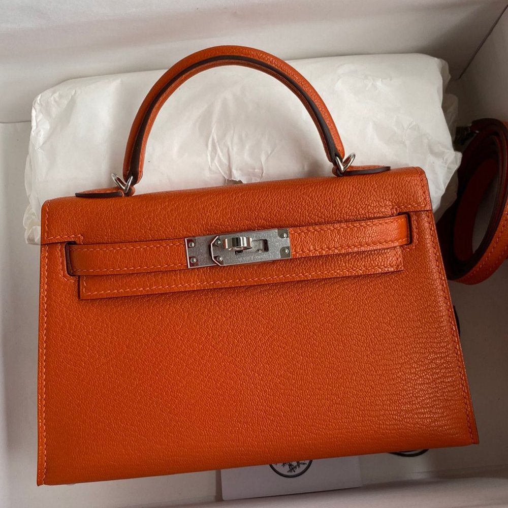 Hermes Kelly Mini II Sellier Handmade Bag In Orange Chevre Mysore Leather