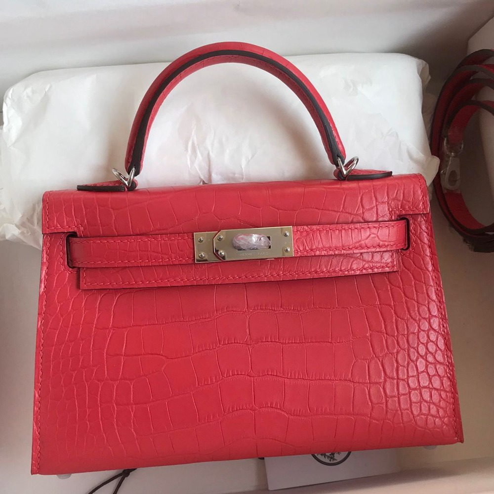 Hermes Kelly Mini II Sellier Handmade Bag In Rose Extreme Matte Alligator Leather