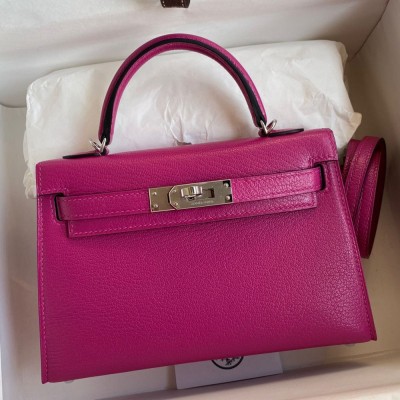 Hermes Kelly Mini II Sellier Handmade Bag In Rose Purple Chevre Mysore Leather