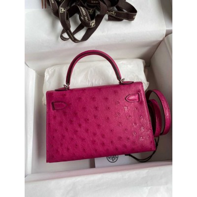 Hermes Kelly Mini II Sellier Handmade Bag In Rose Red Ostrich Leather