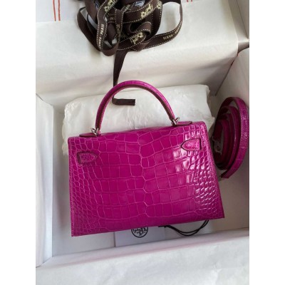 Hermes Kelly Mini II Sellier Handmade Bag In Rose Scheherazade Shiny Alligator Leather