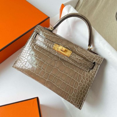 Hermes Kelly Mini II Sellier Handmade Bag in Taupe Shiny Alligator Leather