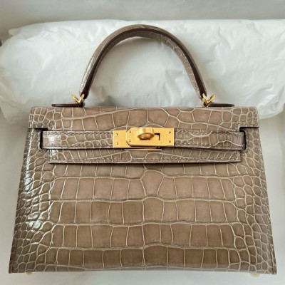 Hermes Kelly Mini II Sellier Handmade Bag in Taupe Shiny Alligator Leather