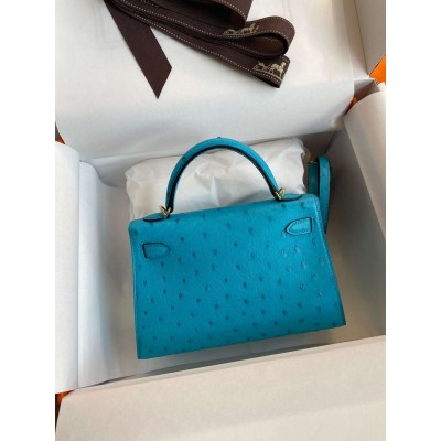 Hermes Kelly Mini II Sellier Handmade Bag in Turquoise Blue Ostrich Leather