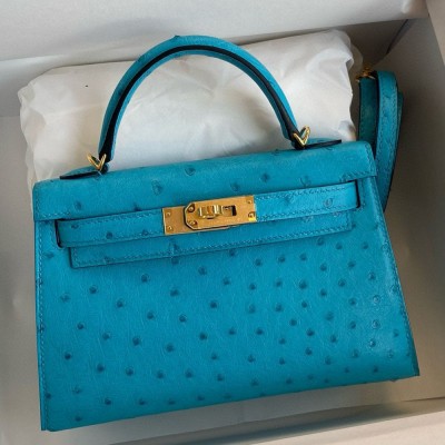 Hermes Kelly Mini II Sellier Handmade Bag in Turquoise Blue Ostrich Leather