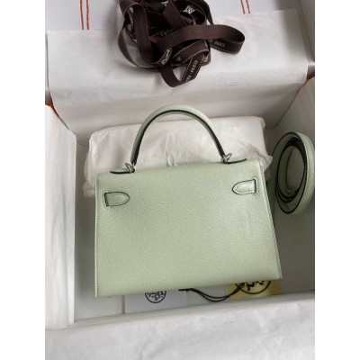 Hermes Kelly Mini II Sellier Handmade Bag In Vert Fizz Chevre Mysore Leather