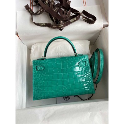 Hermes Kelly Mini II Sellier Handmade Bag In Vert Jude Shiny Alligator Leather