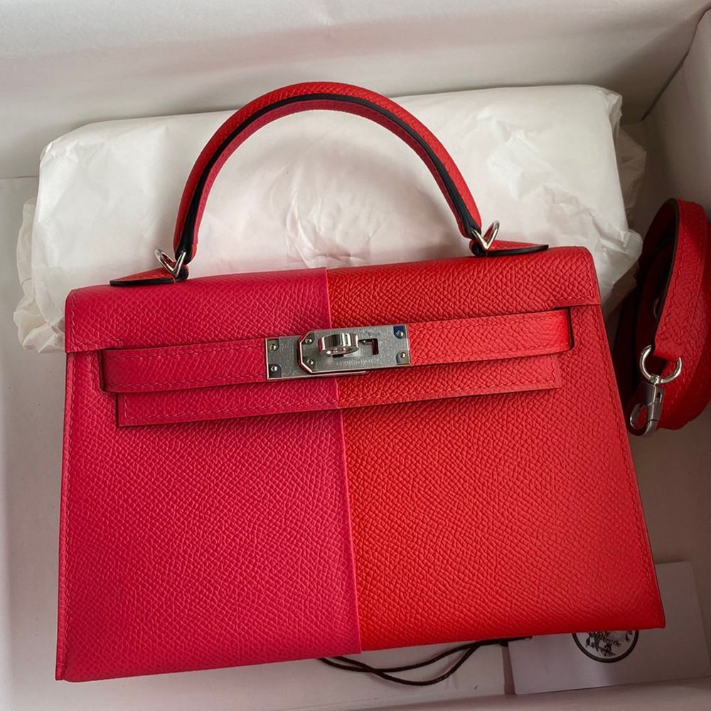 Hermes Kelly Mini II Sellier Tri-color Bag In Red/Rose Extreme/Blue Epsom Calfskin