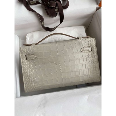 Hermes Kelly Pochette Handmade Bag In Beton Matte Alligator Leather