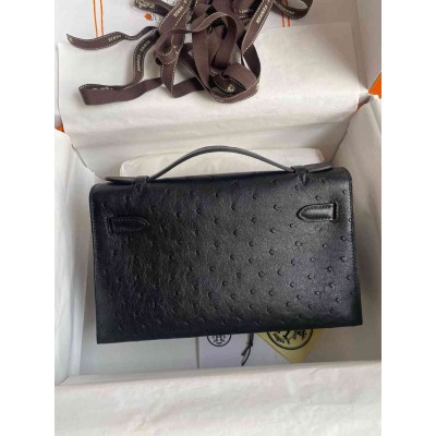 Hermes Kelly Pochette Handmade Bag in Black Cuite Ostrich Leather