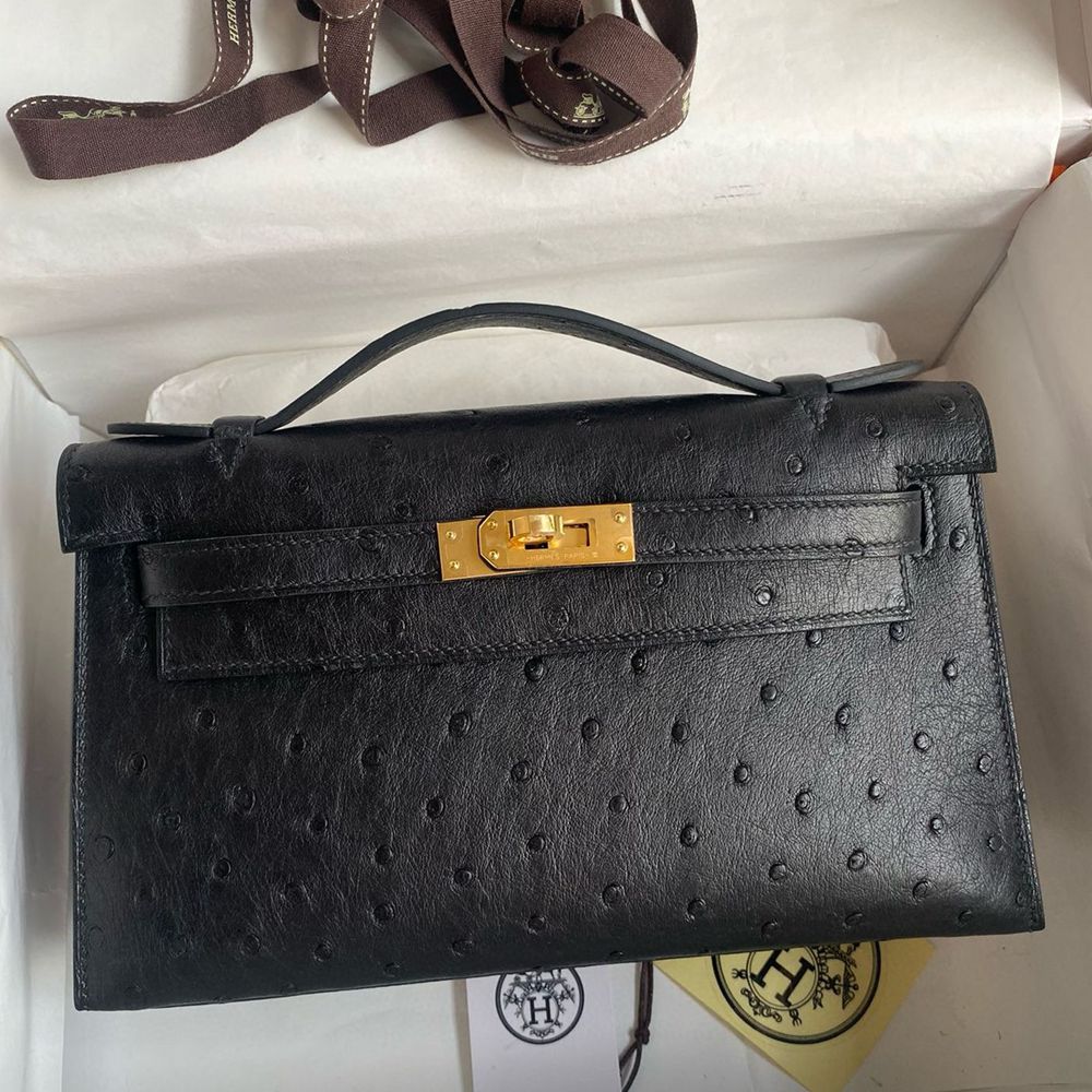 Hermes Kelly Pochette Handmade Bag in Black Cuite Ostrich Leather