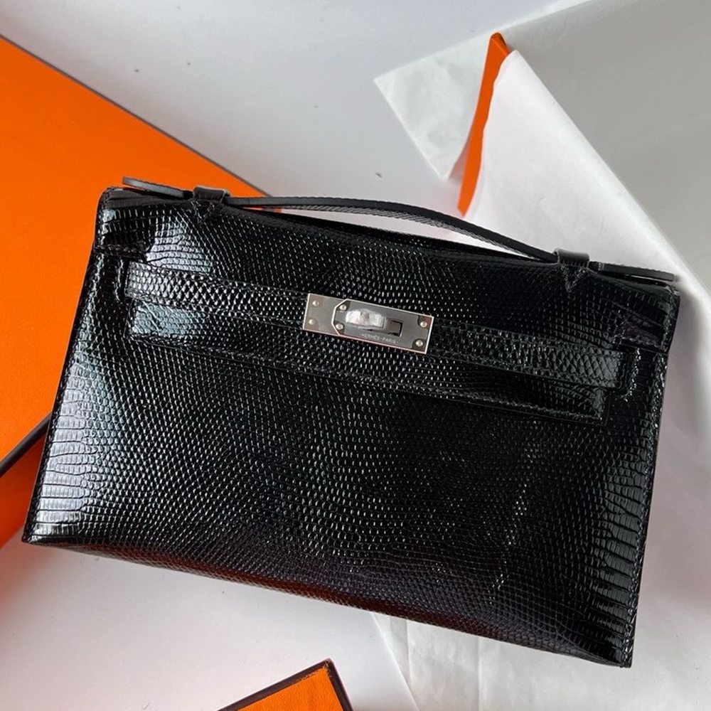 Hermes Kelly Pochette Handmade Bag In Black Lizard Skin