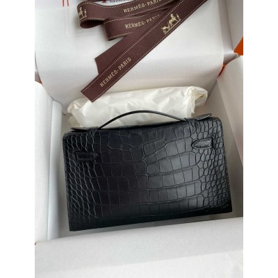 Hermes Kelly Pochette Handmade Bag in Black Matte Alligator Leather