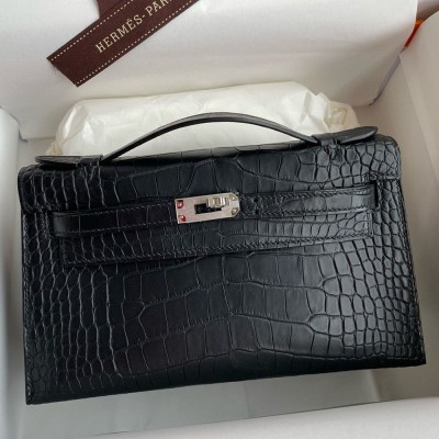 Hermes Kelly Pochette Handmade Bag in Black Matte Alligator Leather