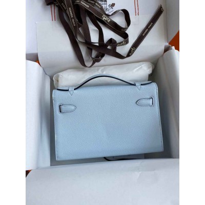 Hermes Kelly Pochette Handmade Bag In Blue Brume Epsom Calfskin