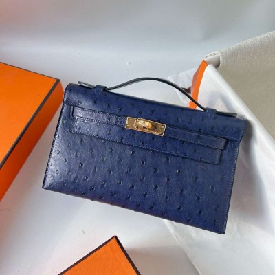 Hermes Kelly Pochette Handmade Bag in Blue de Malte Ostrich Leather