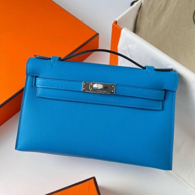 Hermes Kelly Pochette Handmade Bag In Blue Frida Swift Calfskin