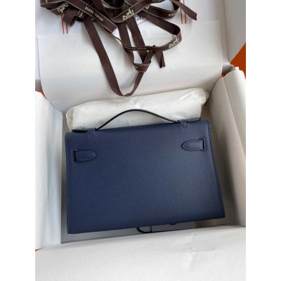 Hermes Kelly Pochette Handmade Bag In Blue Saphir Epsom Calfskin