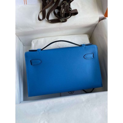 Hermes Kelly Pochette Handmade Bag In Blue Zanzibar Swift Calfskin