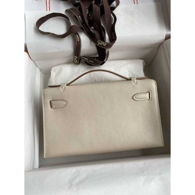 Hermes Kelly Pochette Handmade Bag In Craie Swift Calfskin