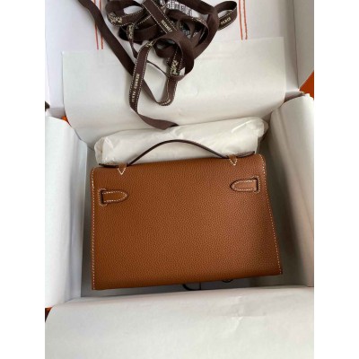 Hermes Kelly Pochette Handmade Bag in Gold Clemence Leather