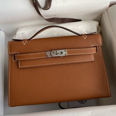 Hermes Kelly Pochette Handmade Bag in Gold Clemence Leather