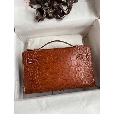 Hermes Kelly Pochette Handmade Bag In Gold Matte Alligator Leather