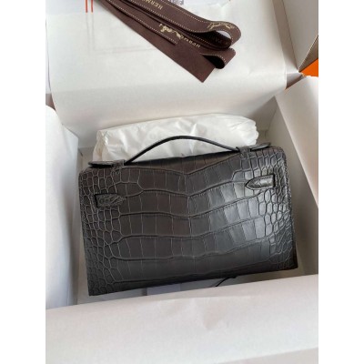 Hermes Kelly Pochette Handmade Bag In Graphite Matte Alligator Leather