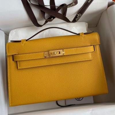 Hermes Kelly Pochette Handmade Bag In Jaune Ambre Epsom Calfskin