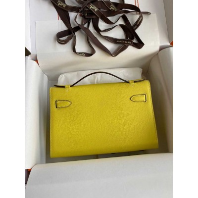 Hermes Kelly Pochette Handmade Bag In Lime Epsom Calfskin