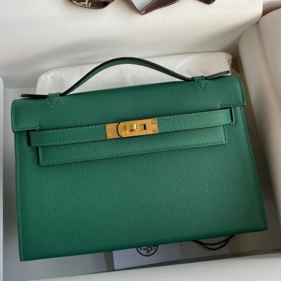 Hermes Kelly Pochette Handmade Bag In Malachite Epsom Calfskin