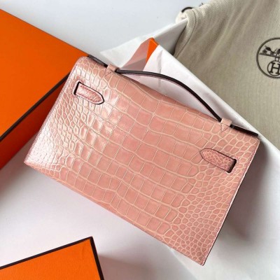 Hermes Kelly Pochette Handmade Bag In Nude Shiny Alligator Leather