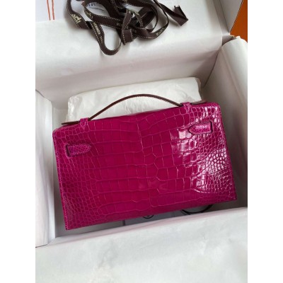 Hermes Kelly Pochette Handmade Bag In Rose Scheherazade Shiny Alligator Leather