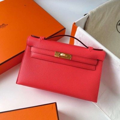 Hermes Kelly Pochette Handmade Bag In Rose Texas Epsom Calfskin