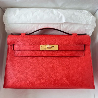 Hermes Kelly Pochette Handmade Bag In Rouge Piment Epsom Calfskin