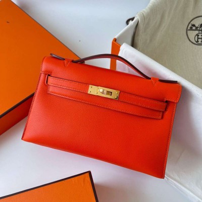 Hermes Kelly Pochette Handmade Bag In Rouge Piment Swift Calfskin