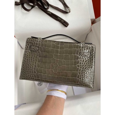 Hermes Kelly Pochette Handmade Bag In Taupe Shiny Alligator Leather