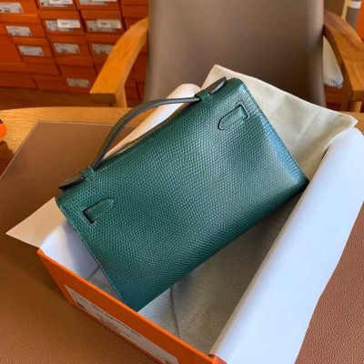 Hermes Kelly Pochette Handmade Bag in Vert Emeraud Lizard Skin