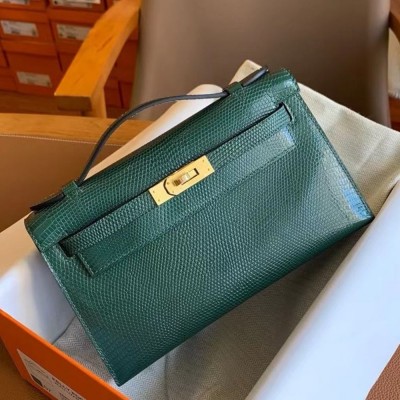 Hermes Kelly Pochette Handmade Bag in Vert Emeraud Lizard Skin