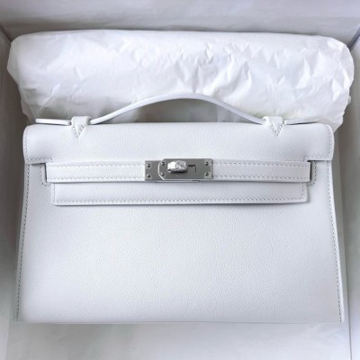 Hermes Kelly Pochette Handmade Bag In White Swift Calfskin