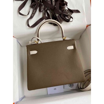 Hermes Kelly Retourne 25 Bicolor Bag in Taupe and Craie Clemence Calfskin