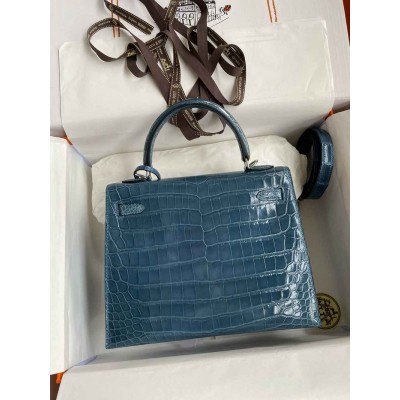 Hermes Kelly Retourne 25 Handmade Bag Blue Jean Crocodile Niloticus Shiny Skin