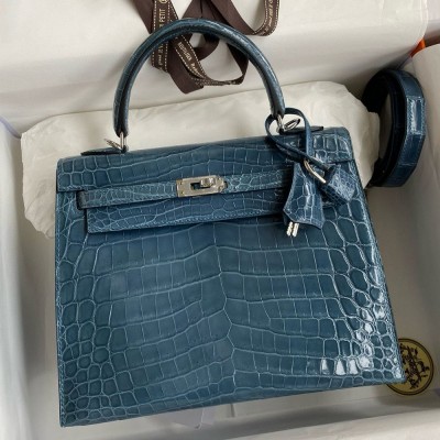 Hermes Kelly Retourne 25 Handmade Bag Blue Jean Crocodile Niloticus Shiny Skin