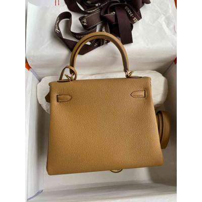 Hermes Kelly Retourne 25 Handmade Bag In Biscuit Clemence Leather